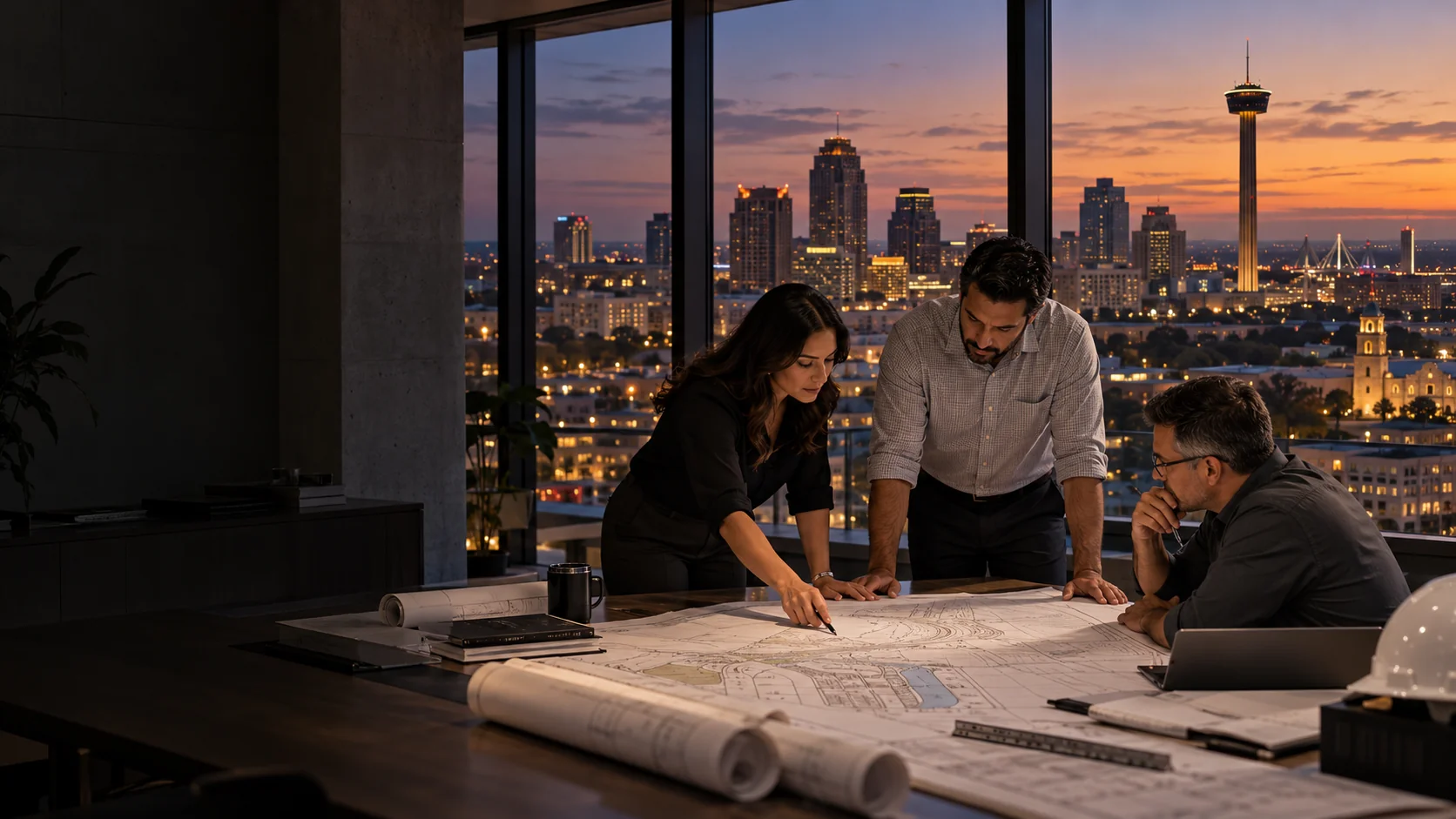 Engineering team reviewing plans with the San Antonio skyline and Tower of the Americas visible through the windows